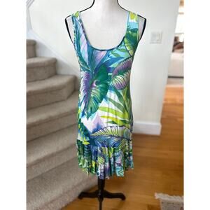 Vintage 90s Jams World Blue Green Purple Tropical Print Flutter Hem Shift Dress